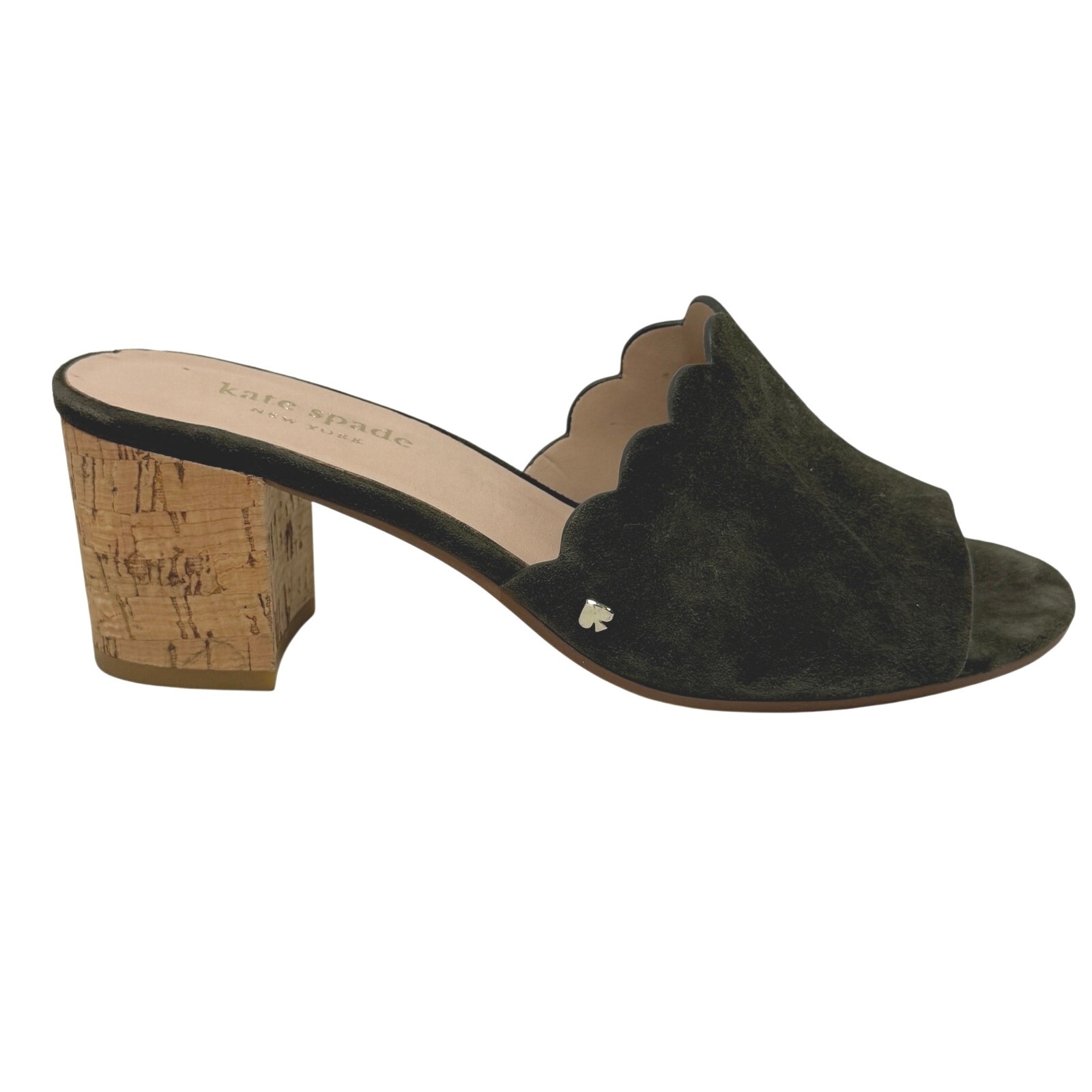 Kate Spade Warren Scalloped Heeled Mules 6 Olive Green Suede Open Toe